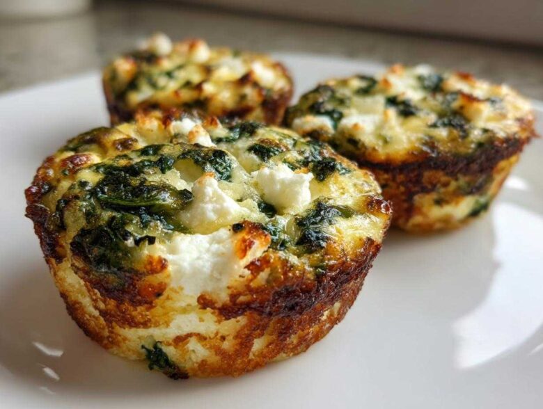 Three golden-brown Cottage Cheese Egg Cups With Spinach & Feta topped with melted white cheese on a white plate.