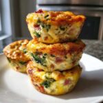 Three golden-brown cottage cheese egg cups stacked on a white plate, showing visible bits of spinach and ham.