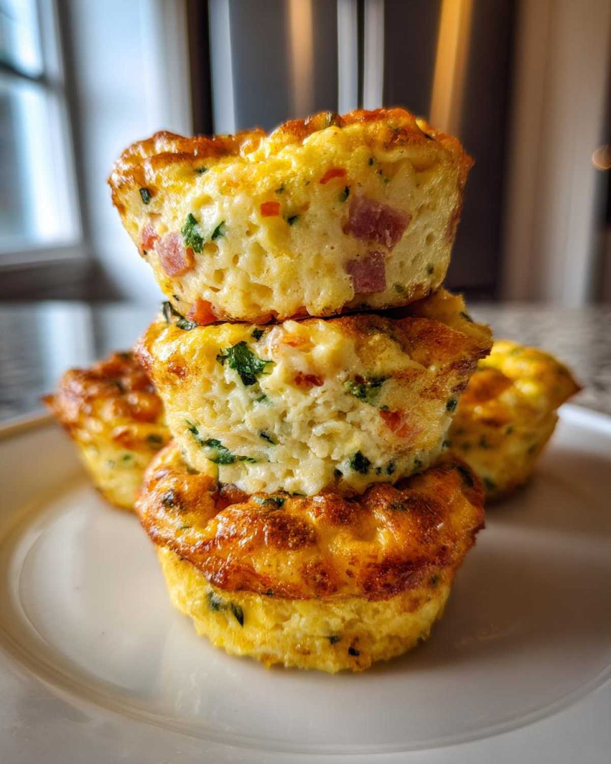 A stack of three golden-brown cottage cheese egg cups, showing visible chunks of ham and spinach inside.