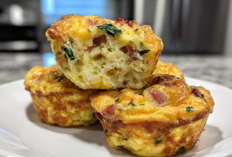 A stack of three golden-brown cottage cheese egg cups starbucks style, one cut open showing the fluffy interior with bacon and spinach.