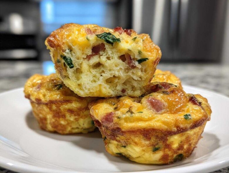 A stack of three golden-brown cottage cheese egg cups starbucks style, one cut open showing the fluffy interior with bacon and spinach.