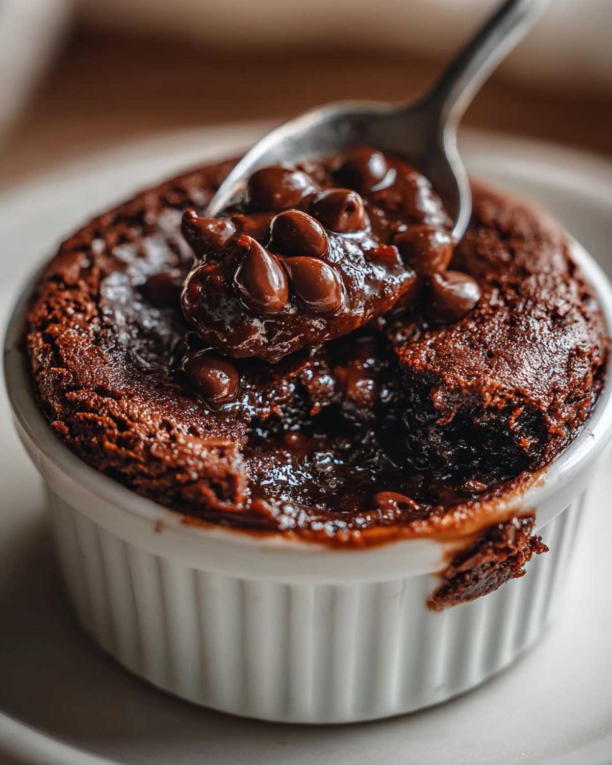 Close-up of a warm Cottage Cheese Microwave Brownie in a white ramekin, topped with melted chocolate chips on a spoon.