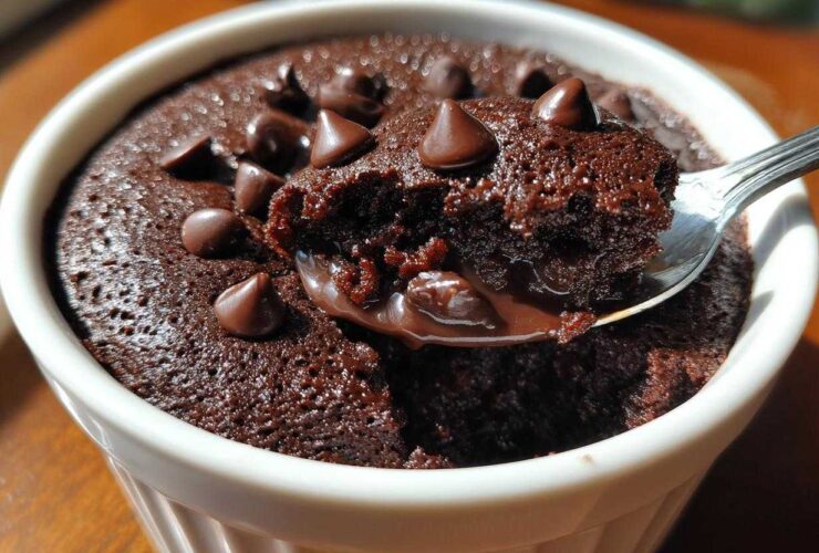 A spoonful of moist Cottage Cheese Microwave Brownie topped with melted chocolate chips being lifted from a white ramekin.