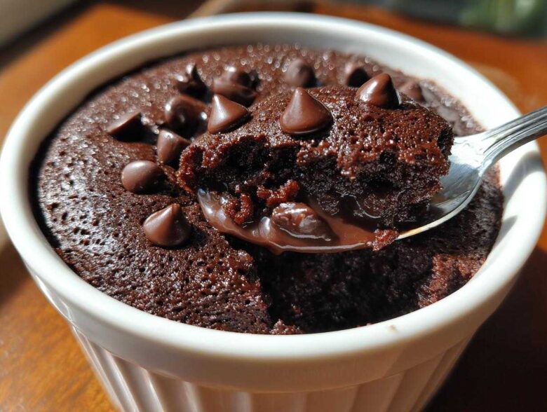 A spoonful of moist Cottage Cheese Microwave Brownie topped with melted chocolate chips being lifted from a white ramekin.