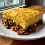 A thick slice of cowboy cornbread casserole with a savory chili base, topped with melted cheddar cheese.