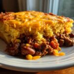 A hearty slice of cowboy cornbread casserole featuring a thick layer of golden cornbread topped with melted cheddar over a rich chili filling.