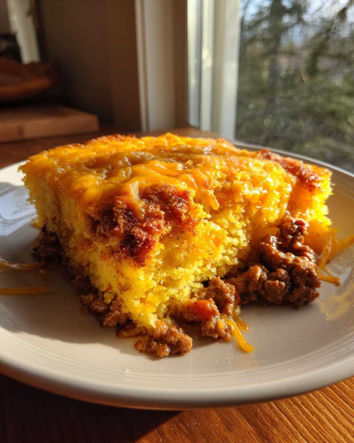 A close-up slice of cowboy cornbread casserole topped with melted cheddar cheese and a hearty meat filling.