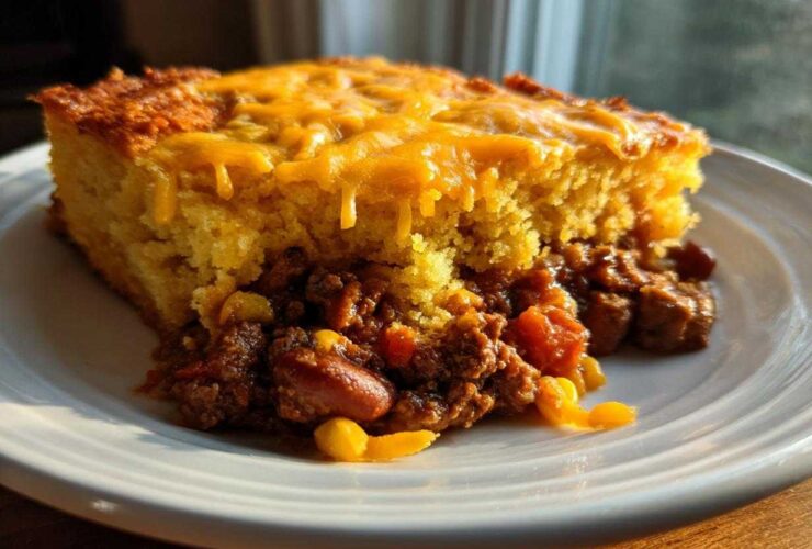 A hearty slice of cowboy cornbread casserole featuring a thick layer of golden cornbread topped with melted cheddar over a rich chili filling.