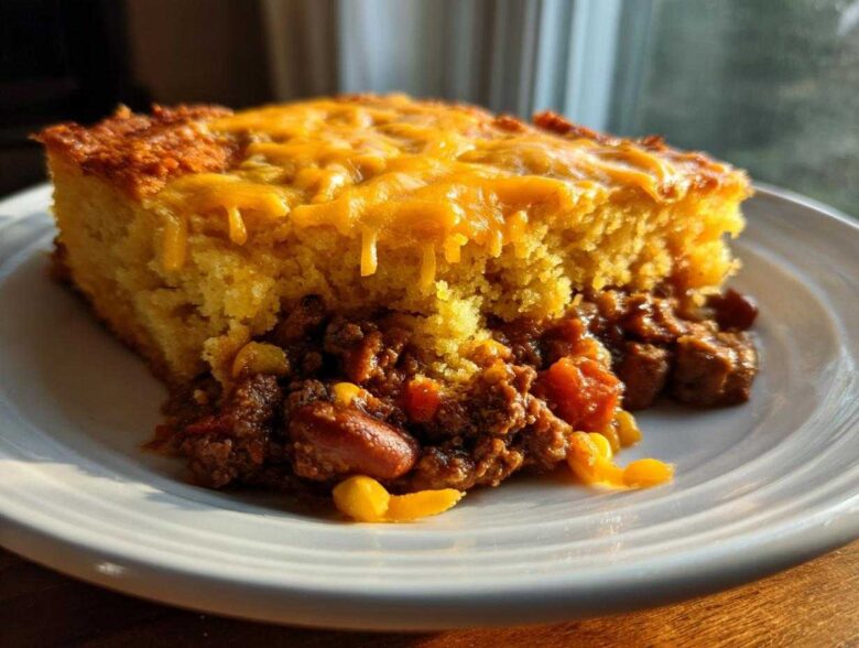 A hearty slice of cowboy cornbread casserole featuring a thick layer of golden cornbread topped with melted cheddar over a rich chili filling.