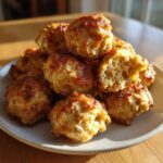 A pile of freshly baked, golden brown cream cheese sausage balls served on a light gray plate.