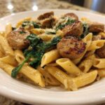 Close-up of creamy chicken sausage pasta featuring penne, browned sausage slices, and wilted spinach in a white bowl.