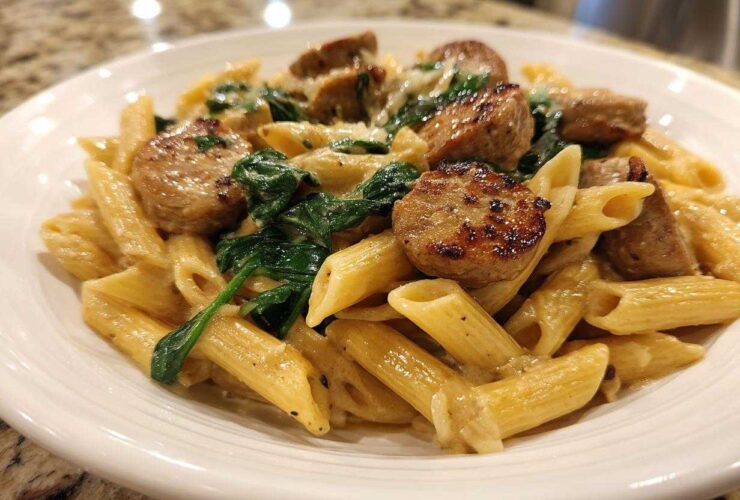 Close-up of creamy chicken sausage pasta featuring penne, browned sausage slices, and wilted spinach in a white bowl.