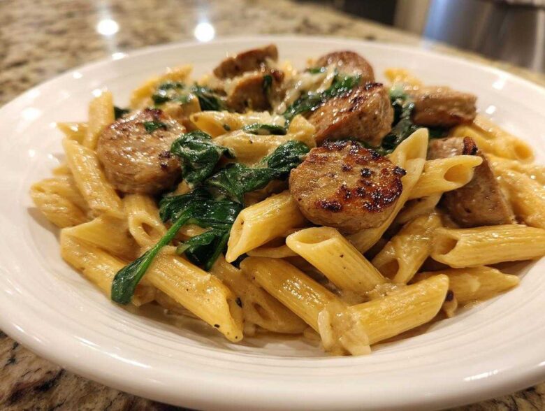 Close-up of creamy chicken sausage pasta featuring penne, browned sausage slices, and wilted spinach in a white bowl.