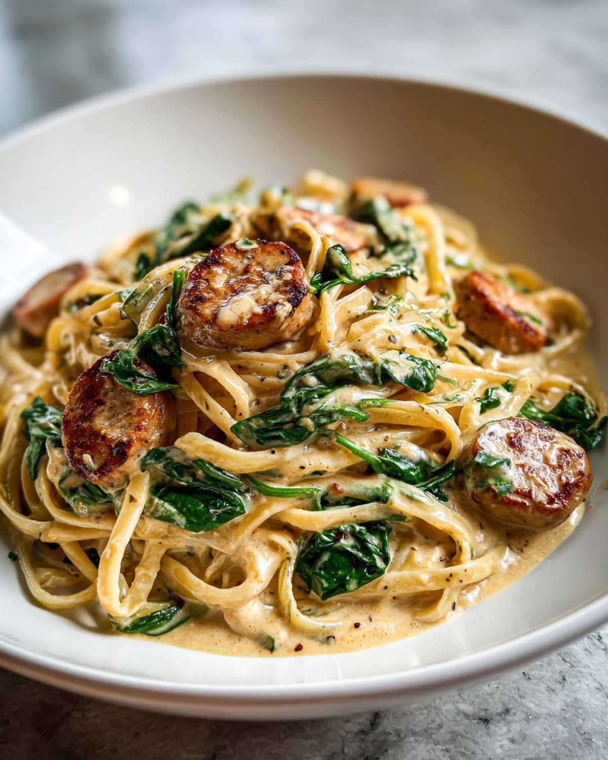 Close-up of creamy chicken sausage pasta featuring linguine, seared chicken sausage slices, and wilted spinach.