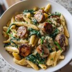 Close-up of creamy chicken sausage pasta featuring penne, sliced sausage, and wilted spinach, garnished with chives.