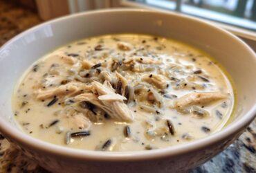 Close-up of a creamy chicken wild rice soup, featuring shredded chicken and dark wild rice grains.