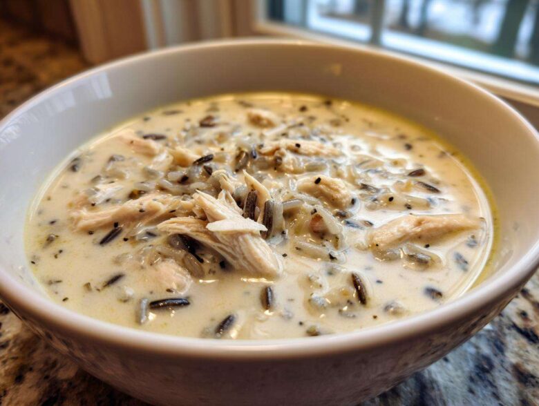 Close-up of a creamy chicken wild rice soup, featuring shredded chicken and dark wild rice grains.