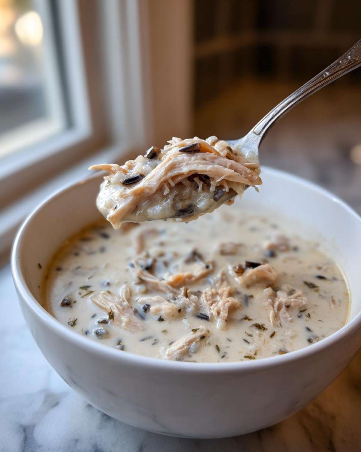 A spoonful of creamy chicken wild rice soup showing shredded chicken and dark wild rice grains.