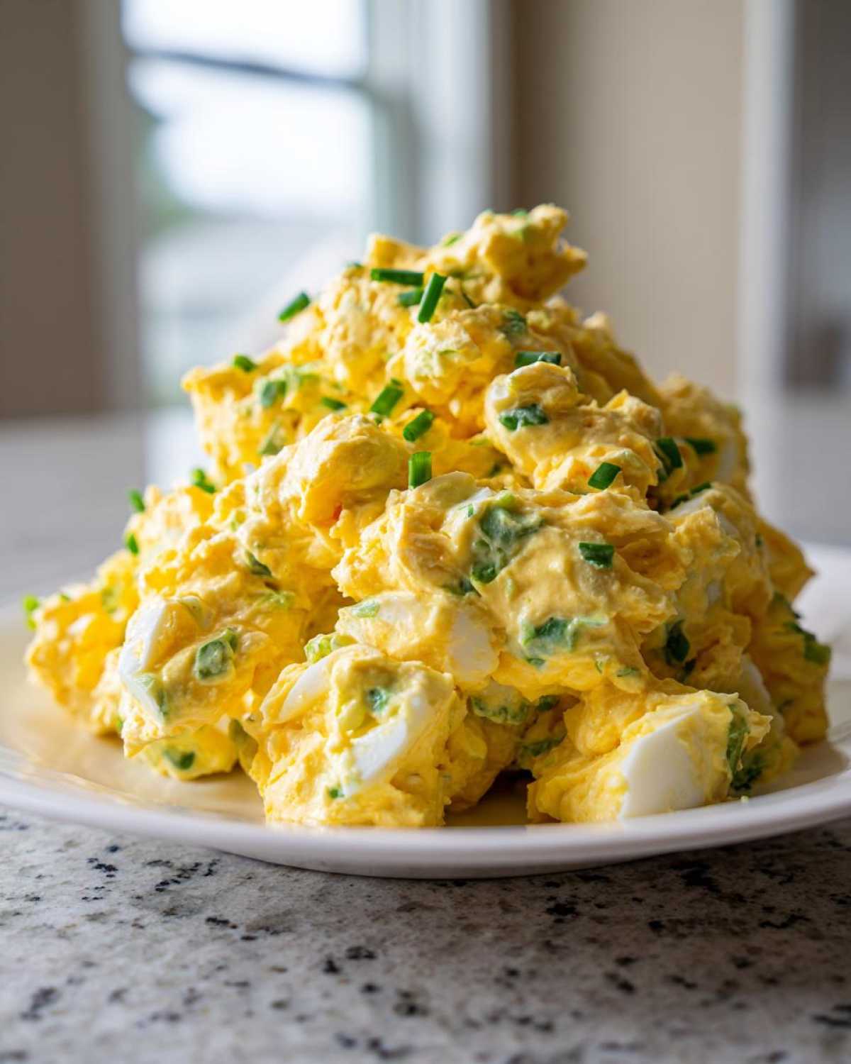 A large mound of creamy egg salad recipe, featuring visible chunks of egg white and yellow yolk dressing, topped with fresh green chives.