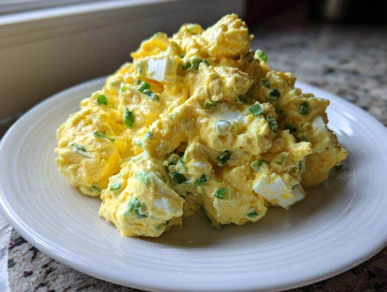A generous mound of creamy, yellow egg salad recipe mixed with chopped green onions, served on a white plate.