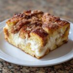 A decadent square serving of french toast casserole featuring a thick cream cheese layer and cinnamon streusel topping.
