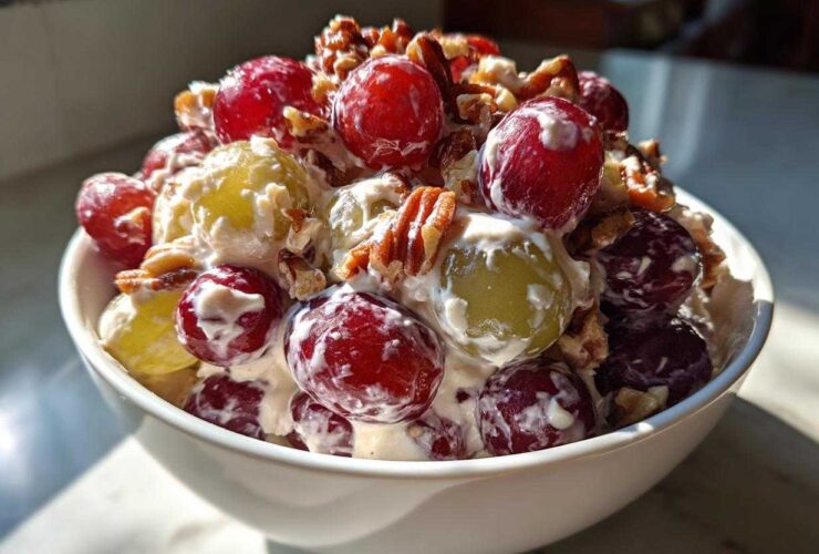 Close-up of a white bowl filled with creamy grape salad, featuring red, green grapes, and chopped pecans.