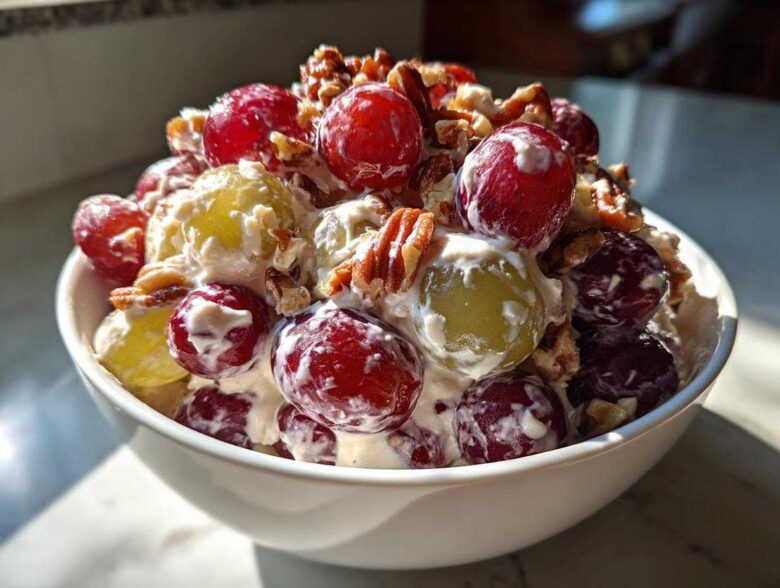 Close-up of a white bowl filled with creamy grape salad, featuring red, green grapes, and chopped pecans.