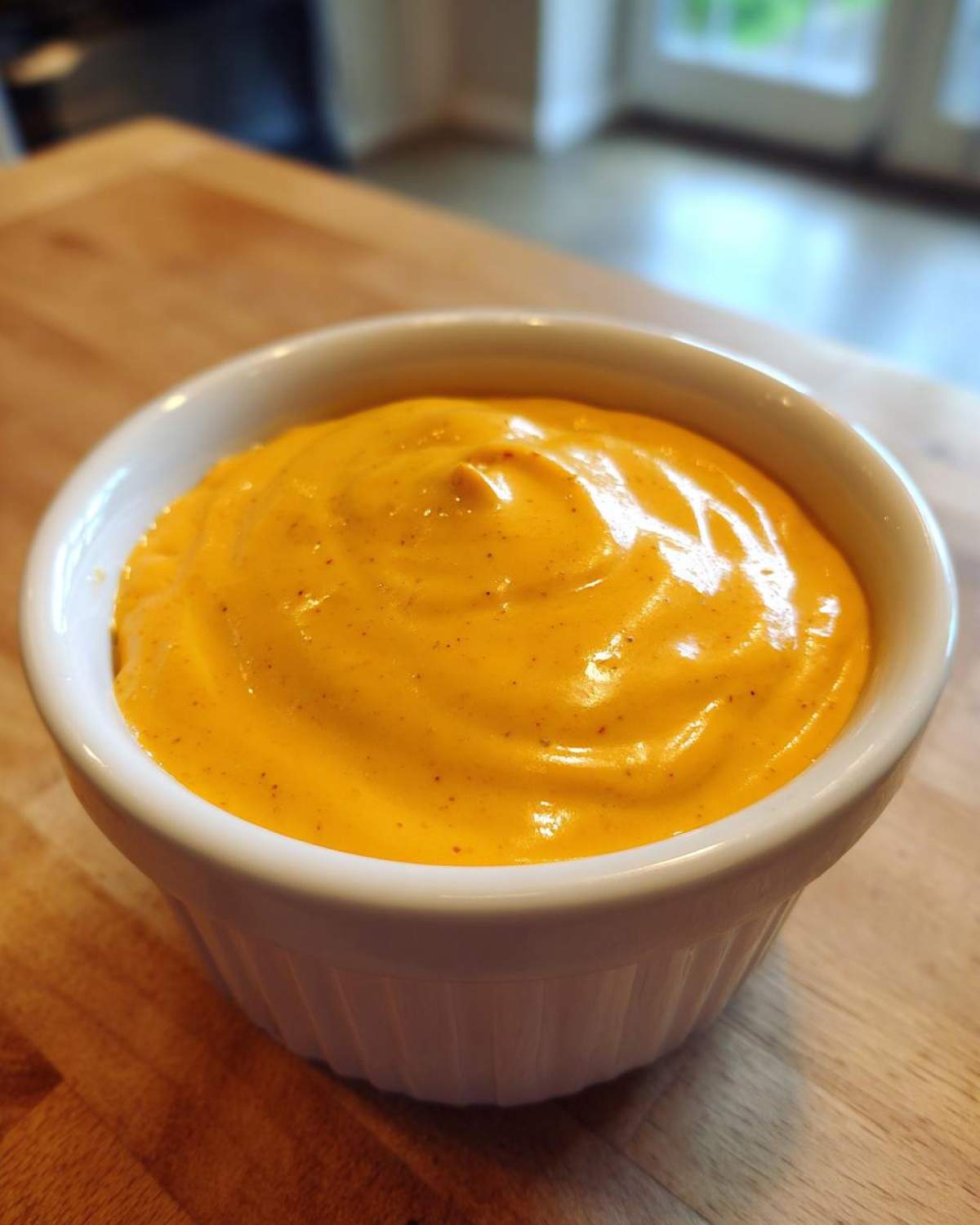 A close-up of smooth, vibrant orange homemade nacho cheese sauce served in a small white ramekin.