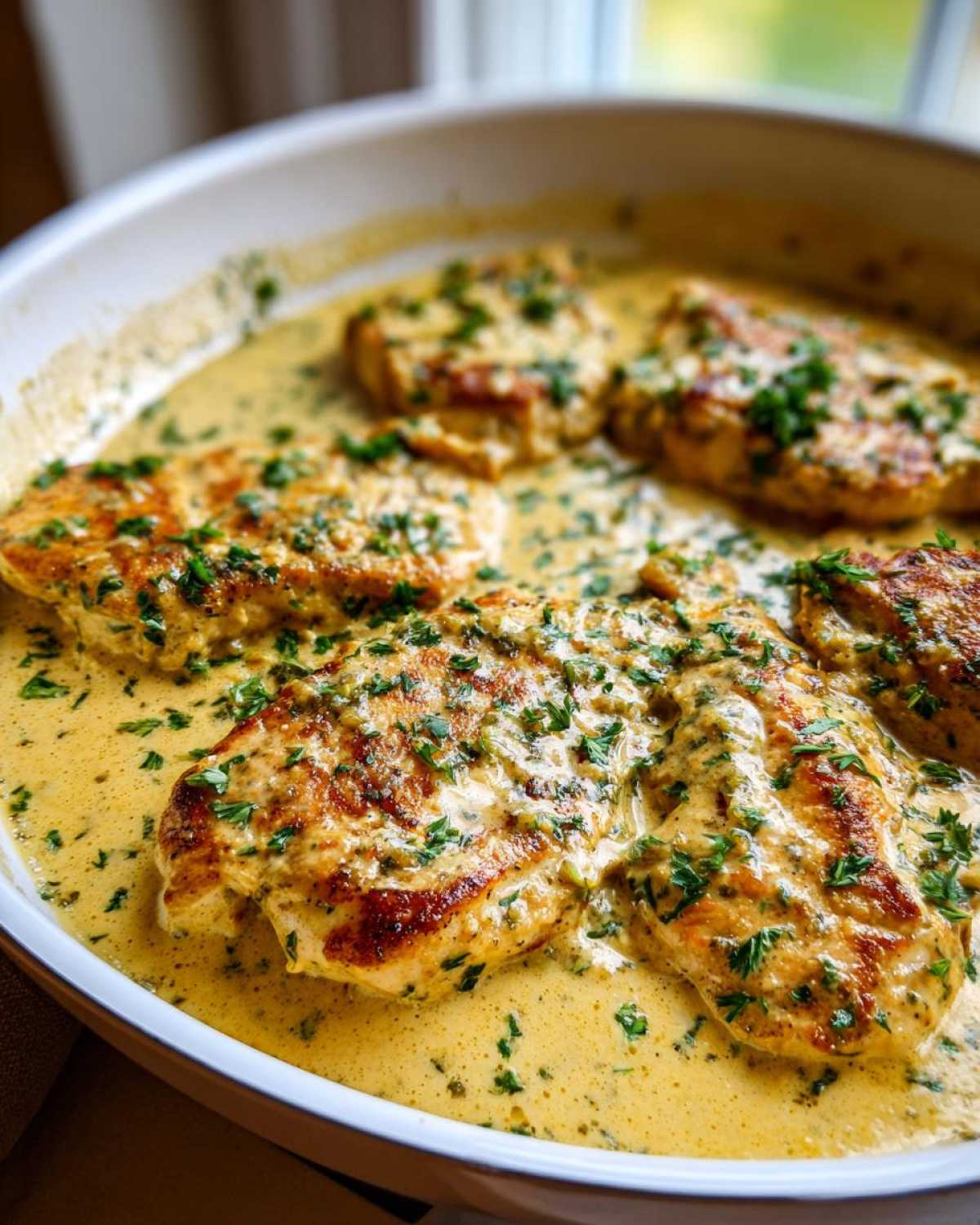 Close-up of pan-seared chicken breasts simmering in a rich, yellow creamy lemon chicken sauce and topped with fresh parsley.