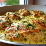 Close-up of seared chicken breasts simmering in a rich, creamy lemon sauce and garnished with fresh parsley.