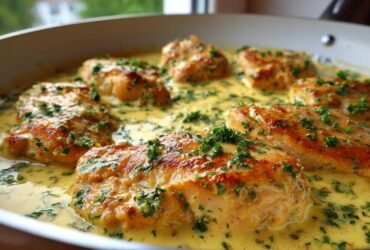Close-up of seared chicken breasts simmering in a rich, creamy lemon sauce and garnished with fresh parsley.