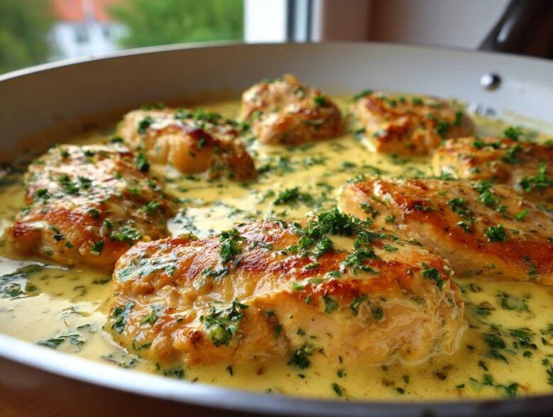 Close-up of seared chicken breasts simmering in a rich, creamy lemon sauce and garnished with fresh parsley.