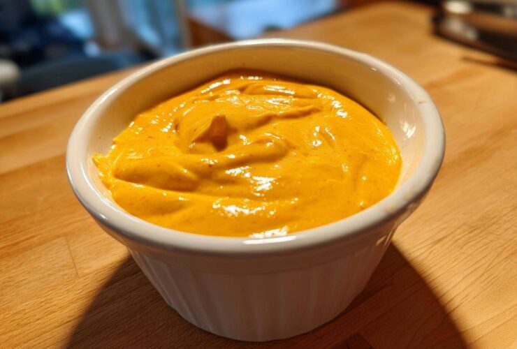 A close-up of thick, vibrant orange nacho cheese sauce served in a small white fluted ramekin on a wooden surface.