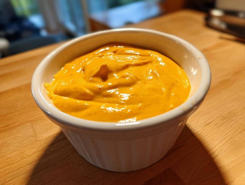 A close-up of thick, vibrant orange nacho cheese sauce served in a small white fluted ramekin on a wooden surface.