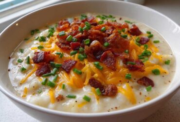 Close-up of a creamy potato soup recipe topped generously with shredded cheddar cheese, crispy bacon bits, and fresh chives.