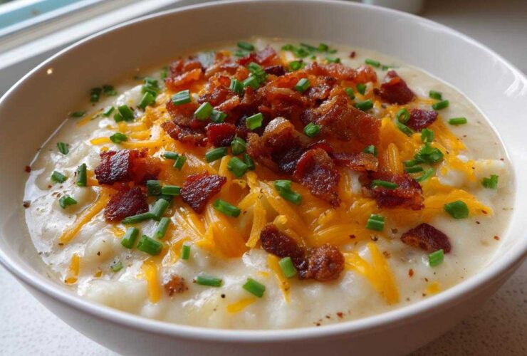 Close-up of a creamy potato soup recipe topped generously with shredded cheddar cheese, crispy bacon bits, and fresh chives.