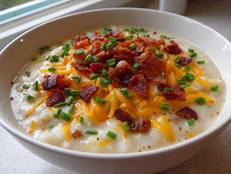 Close-up of a creamy potato soup recipe topped generously with shredded cheddar cheese, crispy bacon bits, and fresh chives.