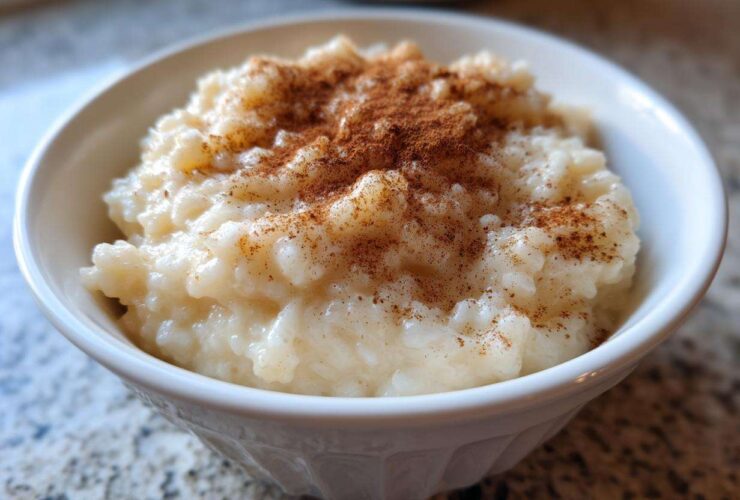 Close-up of creamy rice pudding served in a white bowl, generously dusted with cinnamon.