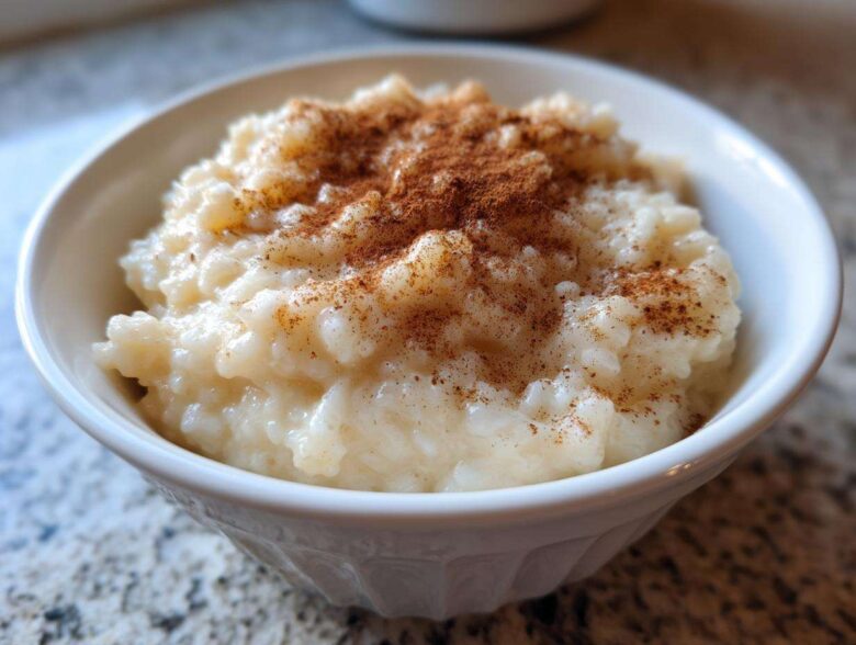 Close-up of creamy rice pudding served in a white bowl, generously dusted with cinnamon.