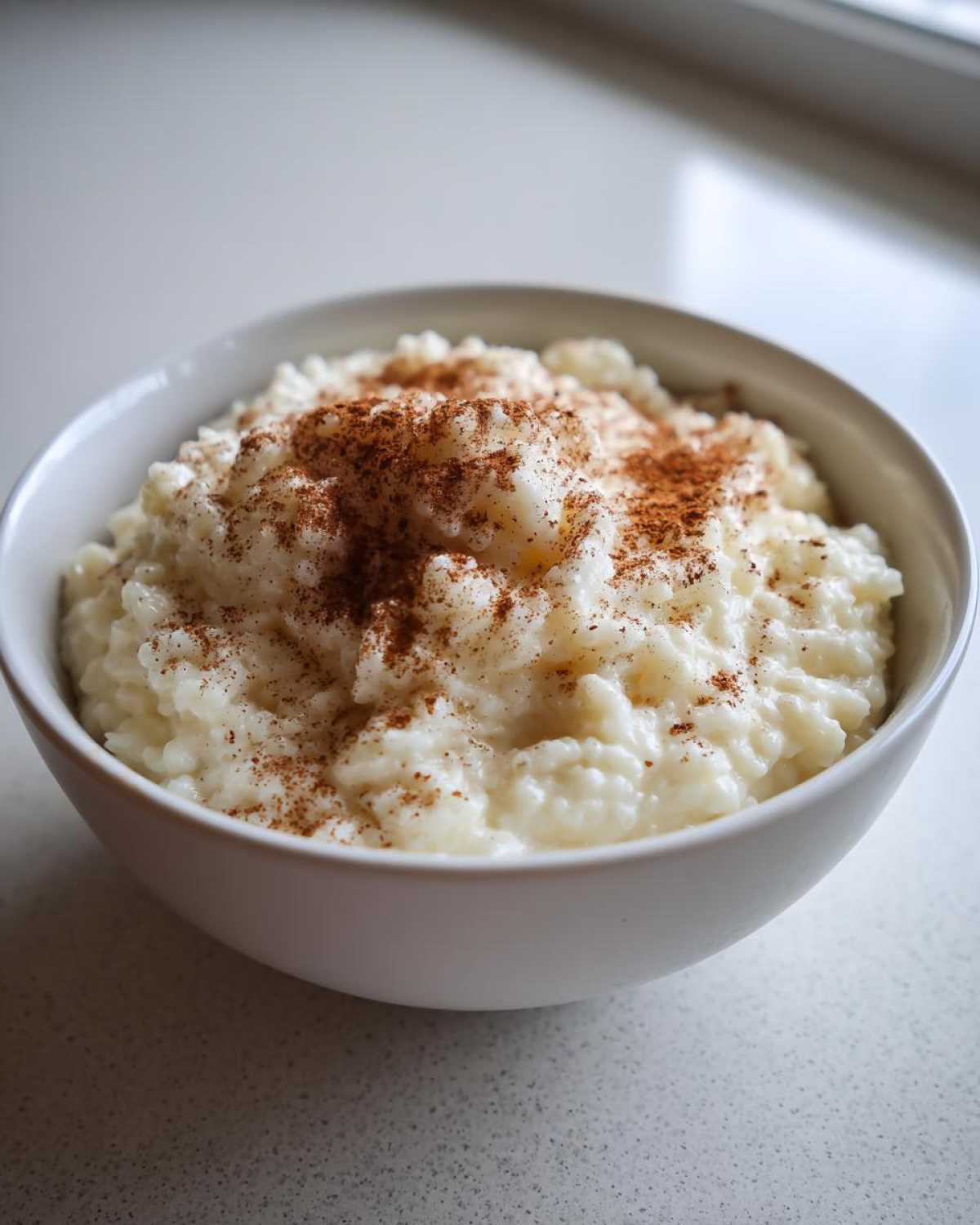 A close-up of creamy rice pudding in a white bowl, generously dusted with ground cinnamon.