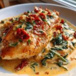 A perfectly cooked piece of creamy Tuscan chicken smothered in rich, creamy sauce with spinach and sun-dried tomatoes.