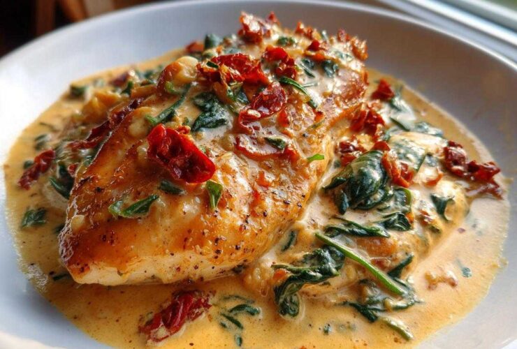 A perfectly cooked piece of creamy Tuscan chicken smothered in rich, creamy sauce with spinach and sun-dried tomatoes.