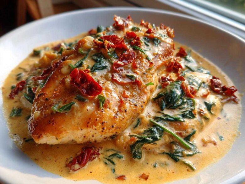 A perfectly cooked piece of creamy Tuscan chicken smothered in rich, creamy sauce with spinach and sun-dried tomatoes.