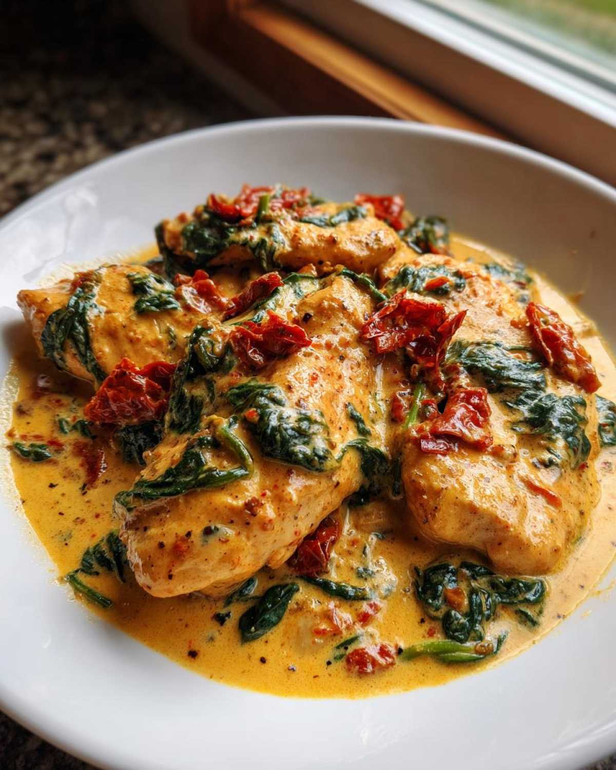 Close-up of creamy Tuscan chicken breasts smothered in a rich, orange-hued sauce with spinach and sun-dried tomatoes.