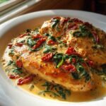 Two golden-brown chicken breasts smothered in a rich, creamy Tuscan sauce with spinach and sun-dried tomatoes.