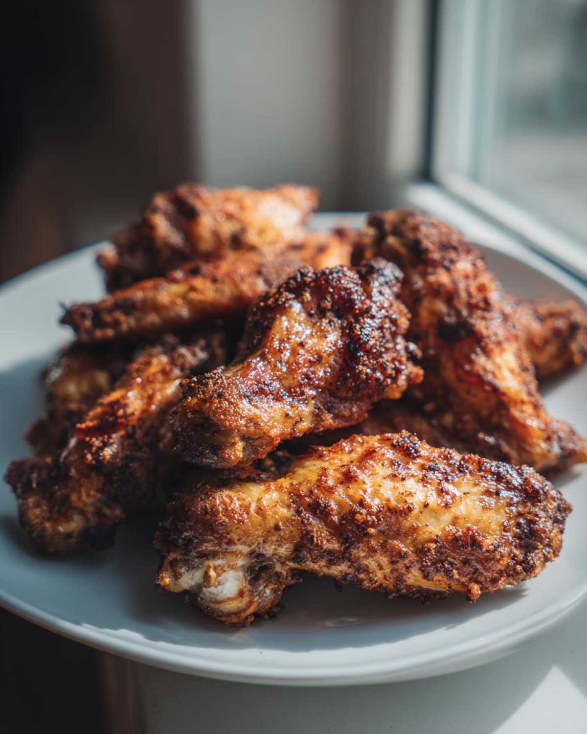 A close-up of several golden brown, crispy air fryer chicken wings piled high on a white plate.
