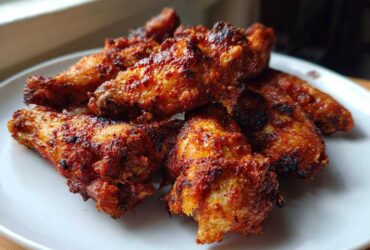 A close-up of several perfectly cooked, crispy air fryer chicken wings piled on a white plate.