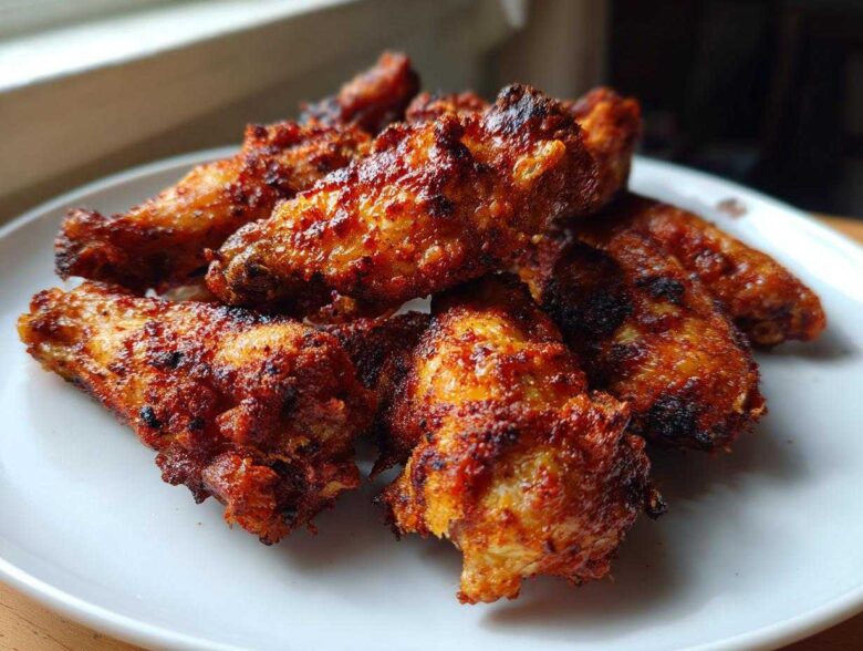 A close-up of several perfectly cooked, crispy air fryer chicken wings piled on a white plate.