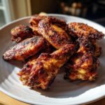 A pile of perfectly seasoned and crispy air fryer chicken wings resting on a white plate.