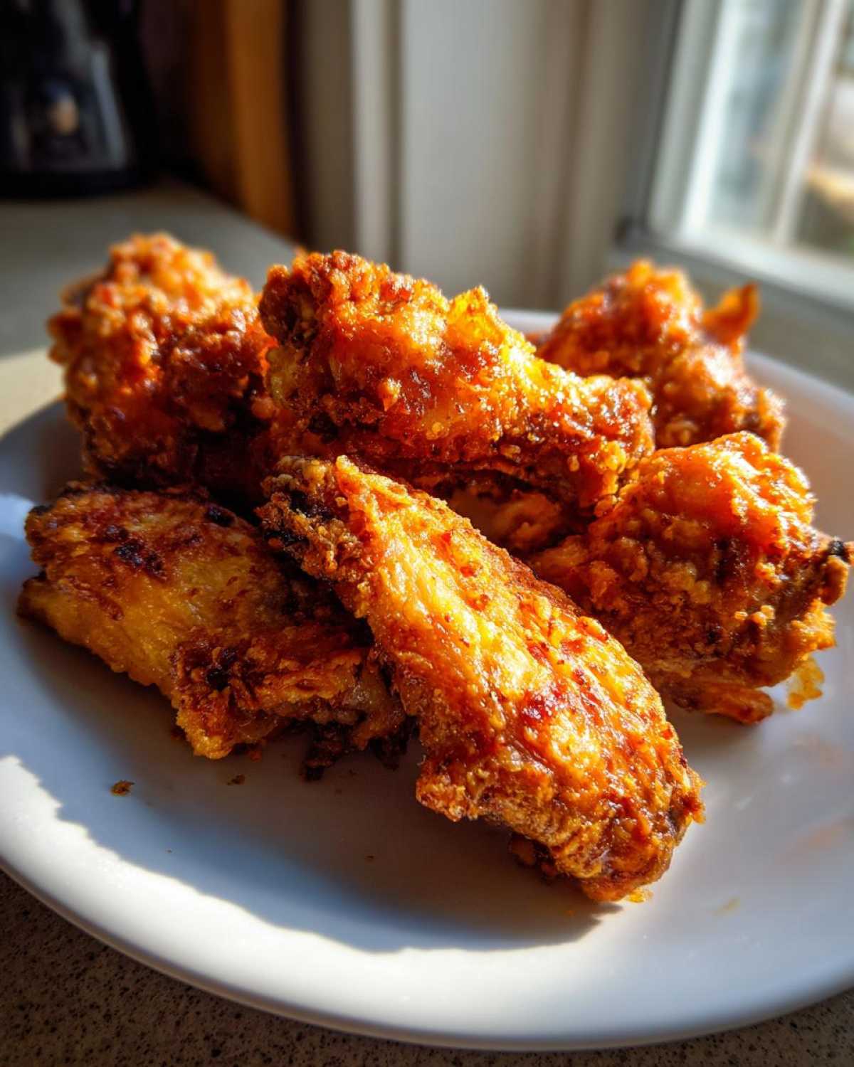 Close-up of golden brown, very crispy baked chicken wings piled on a white plate, highlighted by sunlight.